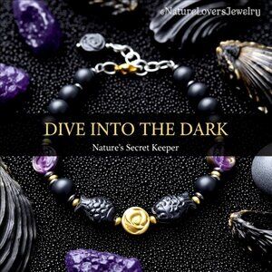 Purple + Black Iridescent Fish + Stone Beads Bracelet! 7"+ Adjust. Goth + Beachy
